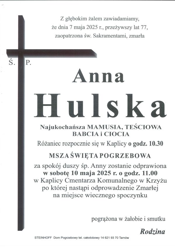 Komunikat o śmierci i pogrzebie śp. Anny Hulskiej – Naczelnej Pielęgniarki w latach 1993–2000